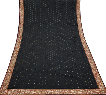 Indian Vintage Black Saree Pure Crepe Silk Hand Embroidered Sari Craft Fabric 5Yd Sewing Soft Border Dress making Quilting Crafting
