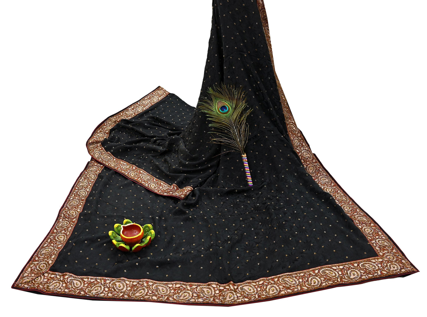 Indian Vintage Black Saree Pure Crepe Silk Hand Embroidered Sari Craft Fabric 5Yd Sewing Soft Border Dress making Quilting Crafting