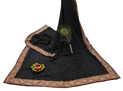 Indian Vintage Black Saree Pure Crepe Silk Hand Embroidered Sari Craft Fabric 5Yd Sewing Soft Border Dress making Quilting Crafting