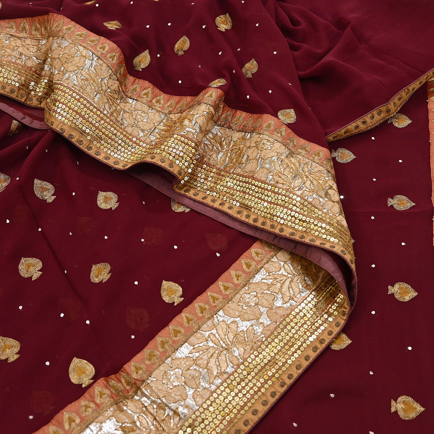 Indian Vintage Heavy Sari Maroon Pure Georgette Silk Hand Embroidered Sarees Craft Fabric 6Yd Sewing Ethnic zari Wedding sarees