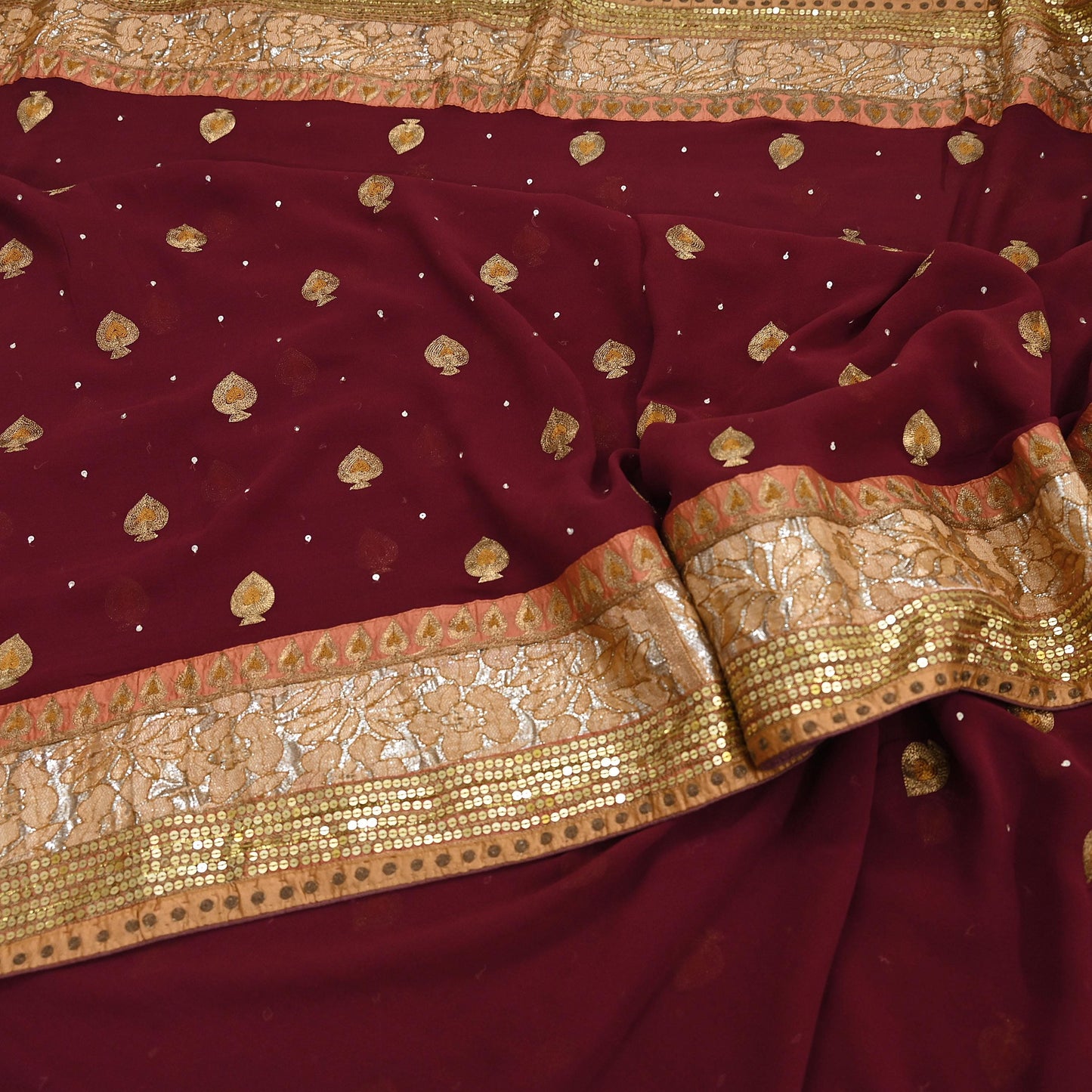 Indian Vintage Heavy Sari Maroon Pure Georgette Silk Hand Embroidered Sarees Craft Fabric 6Yd Sewing Ethnic zari Wedding sarees