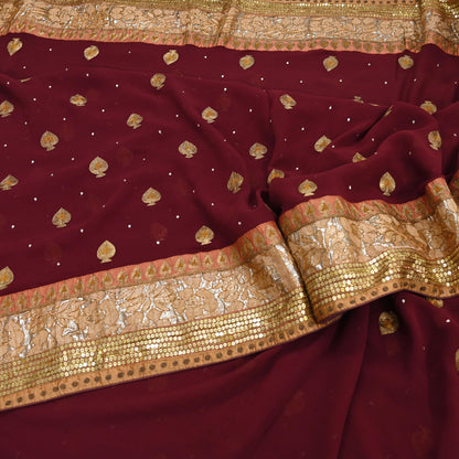 Indian Vintage Heavy Sari Maroon Pure Georgette Silk Hand Embroidered Sarees Craft Fabric 6Yd Sewing Ethnic zari Wedding sarees
