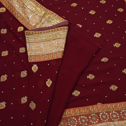 Indian Vintage Heavy Sari Maroon Pure Georgette Silk Hand Embroidered Sarees Craft Fabric 6Yd Sewing Ethnic zari Wedding sarees