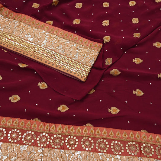 Indian Vintage Heavy Sari Maroon Pure Georgette Silk Hand Embroidered Sarees Craft Fabric 6Yd Sewing Ethnic zari Wedding sarees