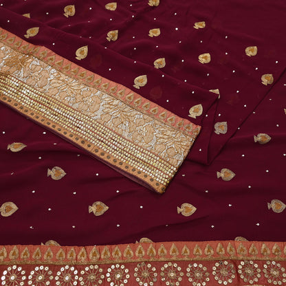Indian Vintage Heavy Sari Maroon Pure Georgette Silk Hand Embroidered Sarees Craft Fabric 6Yd Sewing Ethnic zari Wedding sarees