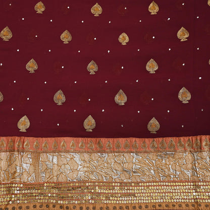 Indian Vintage Heavy Sari Maroon Pure Georgette Silk Hand Embroidered Sarees Craft Fabric 6Yd Sewing Ethnic zari Wedding sarees