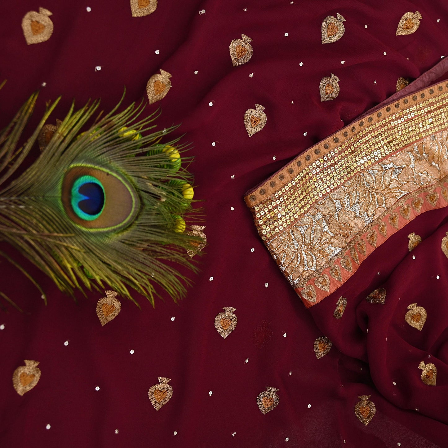 Indian Vintage Heavy Sari Maroon Pure Georgette Silk Hand Embroidered Sarees Craft Fabric 6Yd Sewing Ethnic zari Wedding sarees