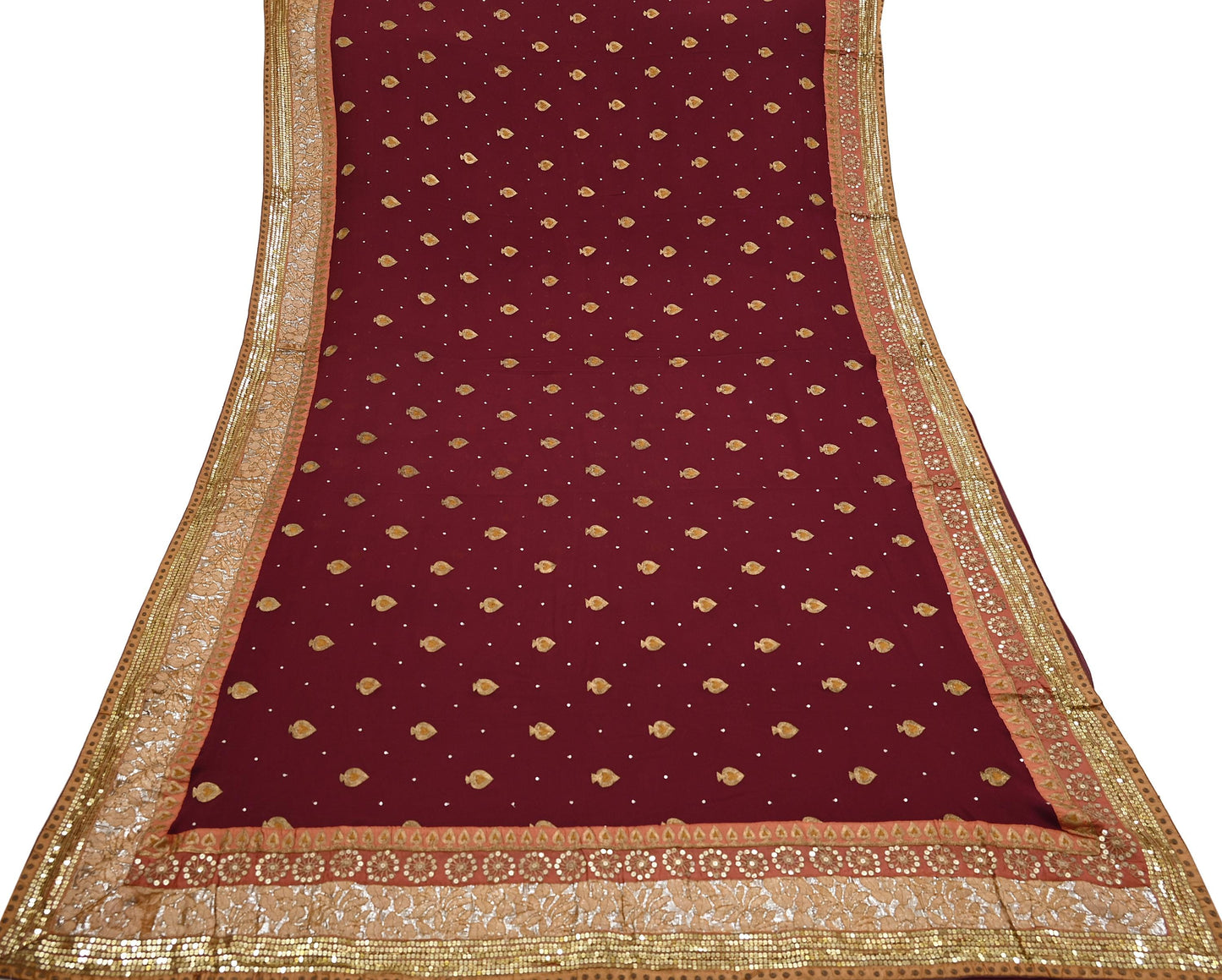 Indian Vintage Heavy Sari Maroon Pure Georgette Silk Hand Embroidered Sarees Craft Fabric 6Yd Sewing Ethnic zari Wedding sarees