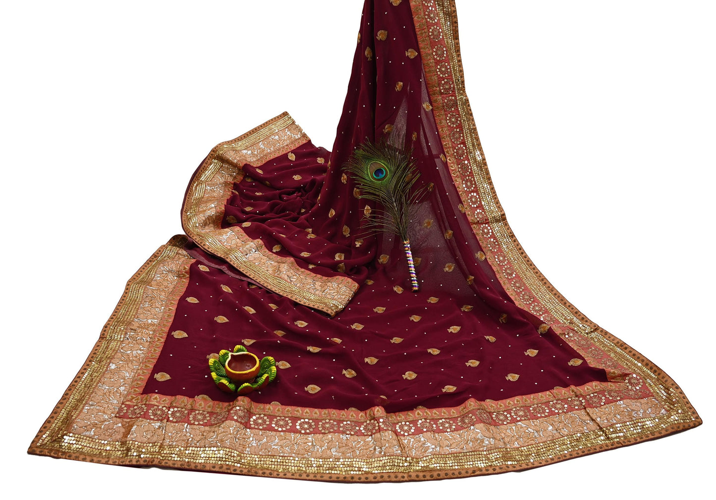 Indian Vintage Heavy Sari Maroon Pure Georgette Silk Hand Embroidered Sarees Craft Fabric 6Yd Sewing Ethnic zari Wedding sarees