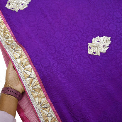 Indian Vintage Heavy Sarees Purple & Pink  Pure Silk Georgette Hand Embroidered Sari Fabric 6Yd Sewing Ethnic Zardozi/zari With Blouse Pcs