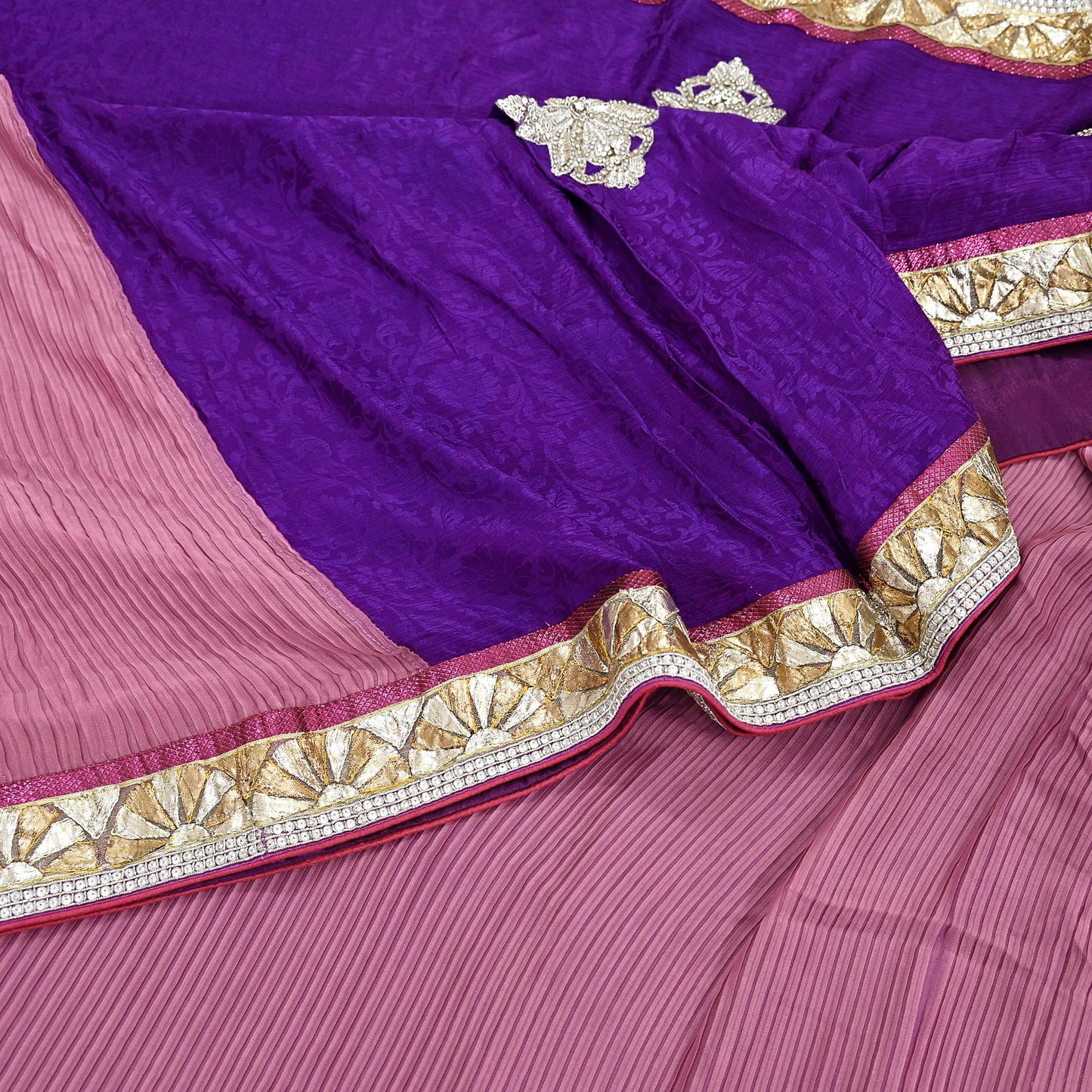 Indian Vintage Heavy Sarees Purple & Pink  Pure Silk Georgette Hand Embroidered Sari Fabric 6Yd Sewing Ethnic Zardozi/zari With Blouse Pcs