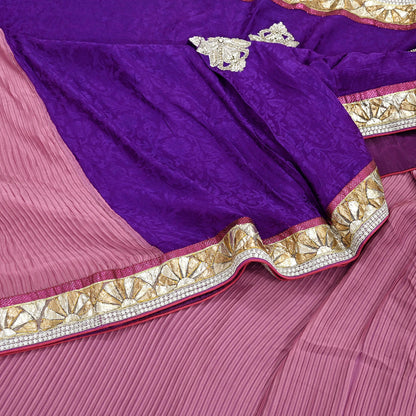 Indian Vintage Heavy Sarees Purple & Pink  Pure Silk Georgette Hand Embroidered Sari Fabric 6Yd Sewing Ethnic Zardozi/zari With Blouse Pcs