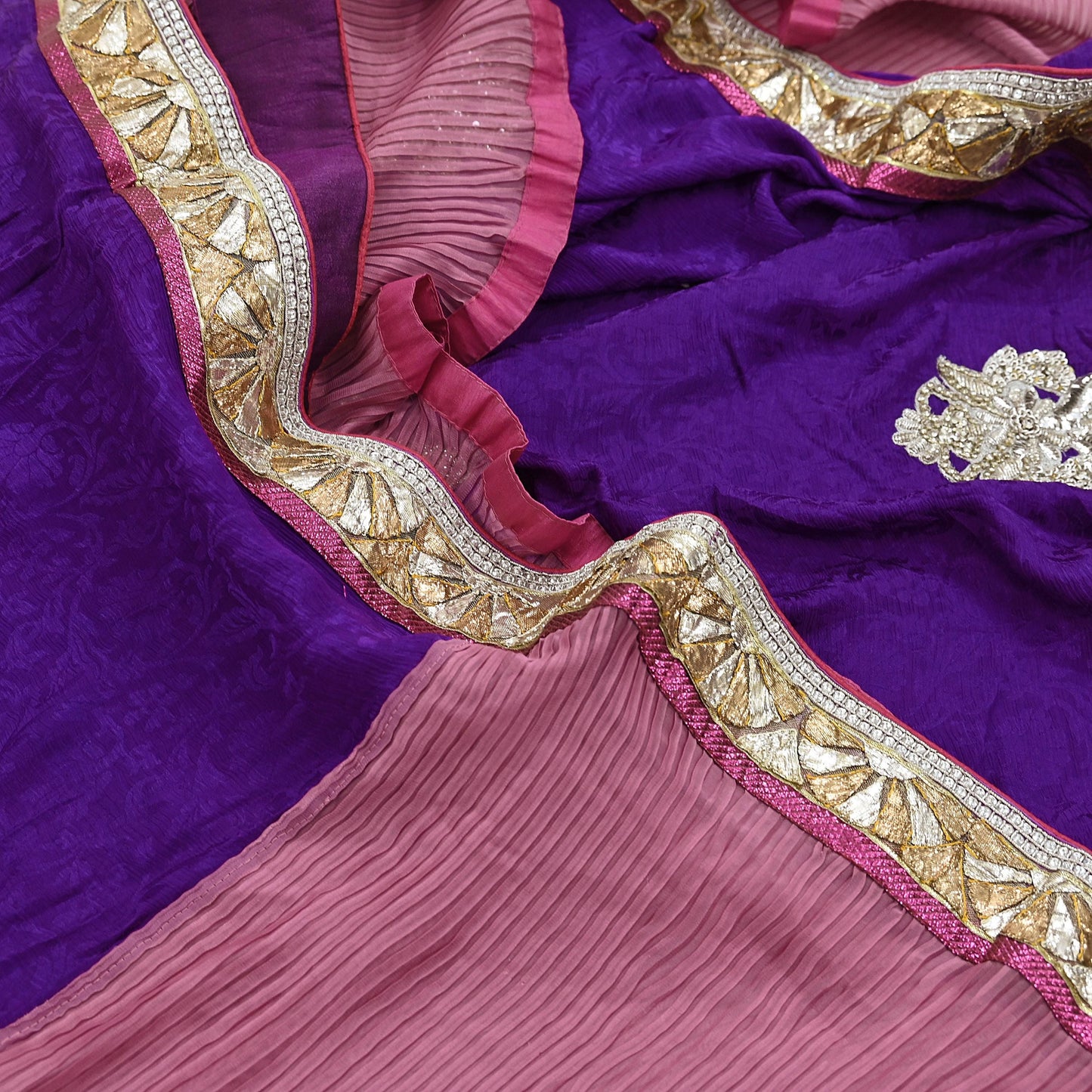 Indian Vintage Heavy Sarees Purple & Pink  Pure Silk Georgette Hand Embroidered Sari Fabric 6Yd Sewing Ethnic Zardozi/zari With Blouse Pcs