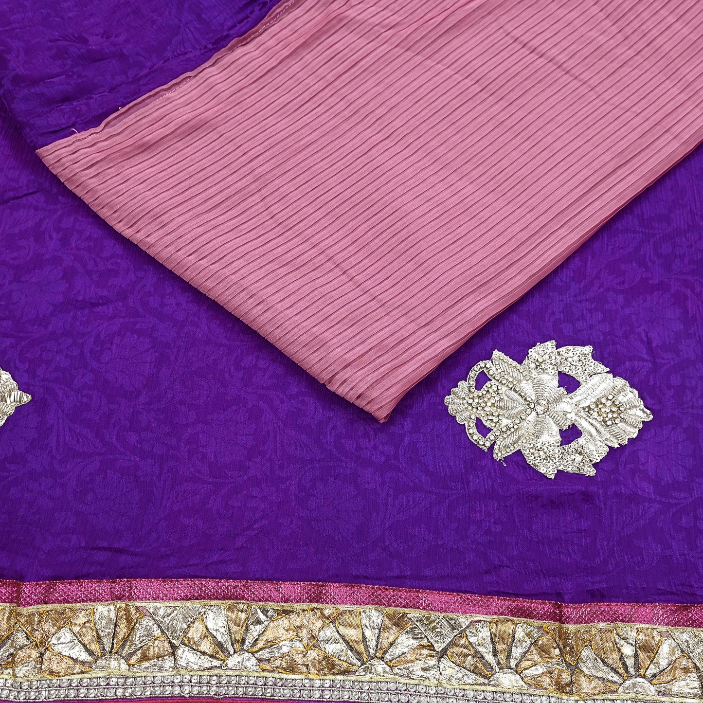 Indian Vintage Heavy Sarees Purple & Pink  Pure Silk Georgette Hand Embroidered Sari Fabric 6Yd Sewing Ethnic Zardozi/zari With Blouse Pcs