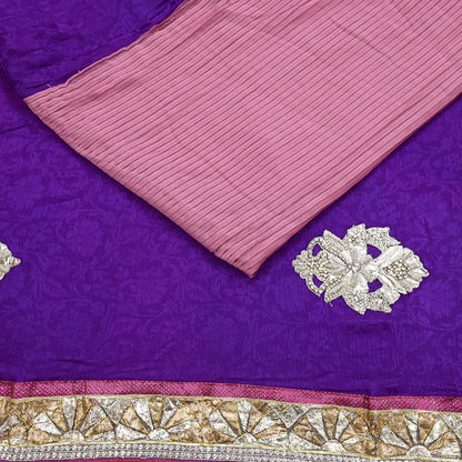 Indian Vintage Heavy Sarees Purple & Pink  Pure Silk Georgette Hand Embroidered Sari Fabric 6Yd Sewing Ethnic Zardozi/zari With Blouse Pcs
