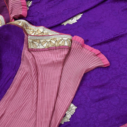 Indian Vintage Heavy Sarees Purple & Pink  Pure Silk Georgette Hand Embroidered Sari Fabric 6Yd Sewing Ethnic Zardozi/zari With Blouse Pcs