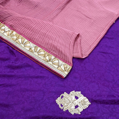 Indian Vintage Heavy Sarees Purple & Pink  Pure Silk Georgette Hand Embroidered Sari Fabric 6Yd Sewing Ethnic Zardozi/zari With Blouse Pcs