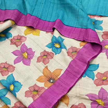 Indian Vintage Saree Beige Pure Khadi Silk Handloom Digital Printed Sari Fabric 5yard Ethnic Wear Sari Floral Dressmaking Crafting Upcycle