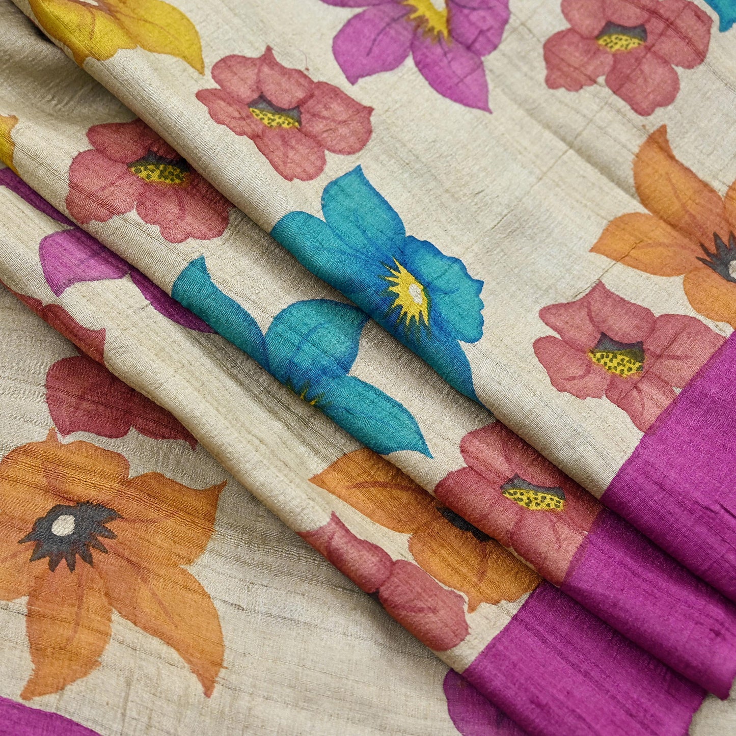 Indian Vintage Saree Beige Pure Khadi Silk Handloom Digital Printed Sari Fabric 5yard Ethnic Wear Sari Floral Dressmaking Crafting Upcycle