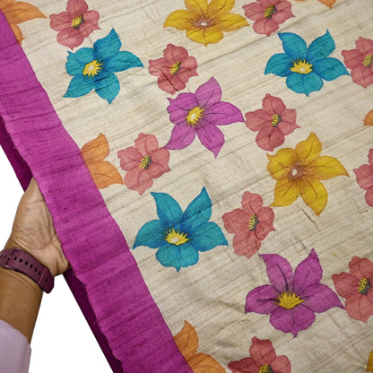 Indian Vintage Saree Beige Pure Khadi Silk Handloom Digital Printed Sari Fabric 5yard Ethnic Wear Sari Floral Dressmaking Crafting Upcycle