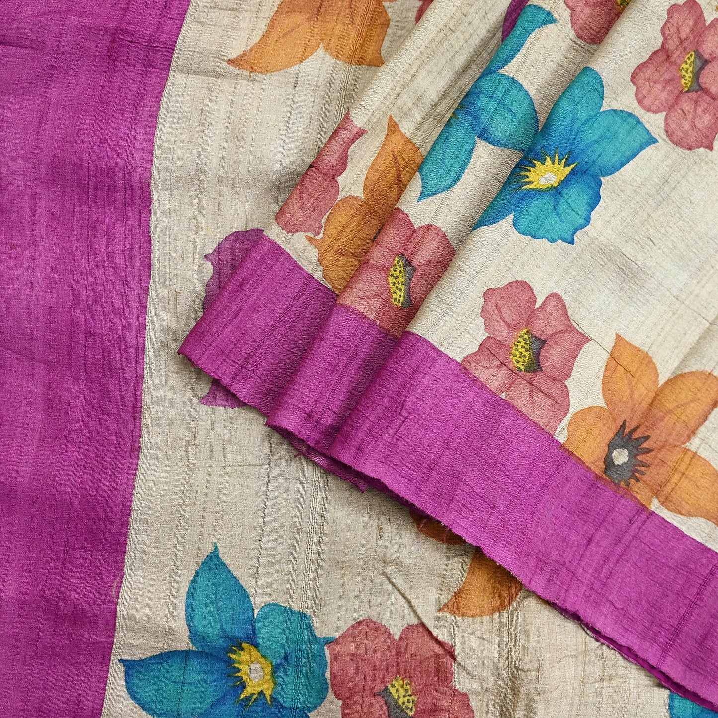 Indian Vintage Saree Beige Pure Khadi Silk Handloom Digital Printed Sari Fabric 5yard Ethnic Wear Sari Floral Dressmaking Crafting Upcycle