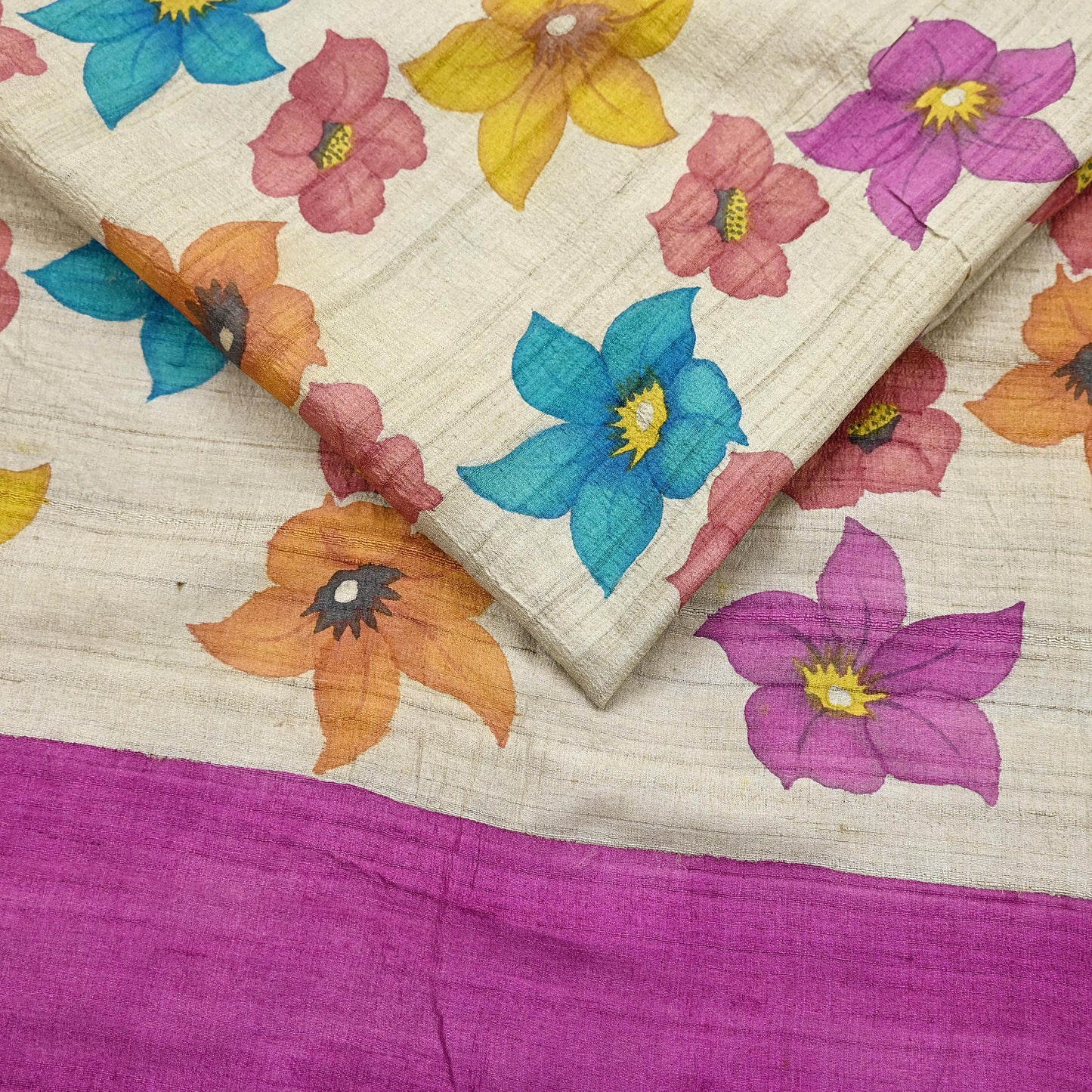 Indian Vintage Saree Beige Pure Khadi Silk Handloom Digital Printed Sari Fabric 5yard Ethnic Wear Sari Floral Dressmaking Crafting Upcycle