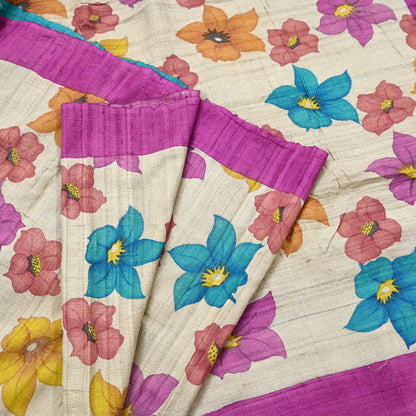 Indian Vintage Saree Beige Pure Khadi Silk Handloom Digital Printed Sari Fabric 5yard Ethnic Wear Sari Floral Dressmaking Crafting Upcycle