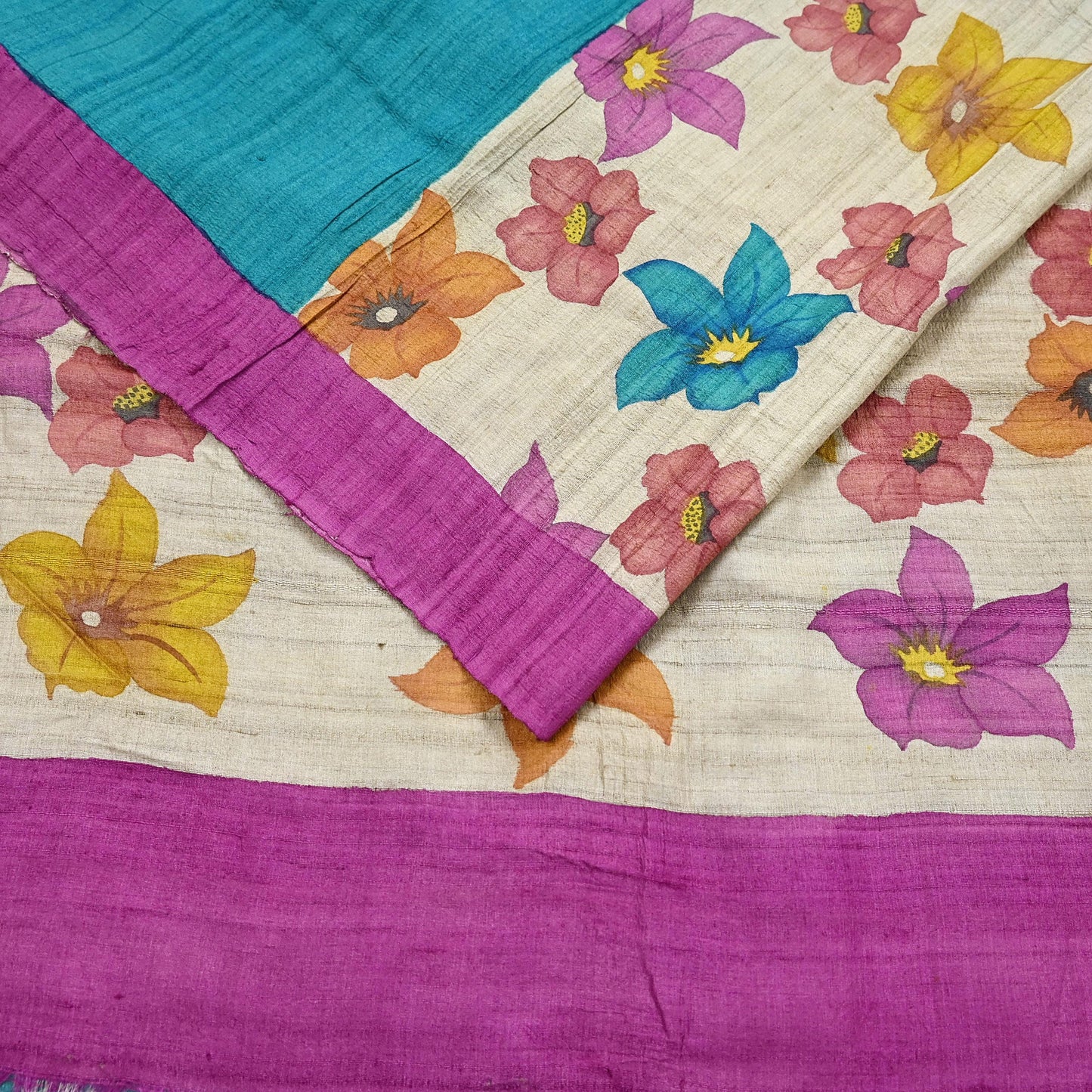 Indian Vintage Saree Beige Pure Khadi Silk Handloom Digital Printed Sari Fabric 5yard Ethnic Wear Sari Floral Dressmaking Crafting Upcycle