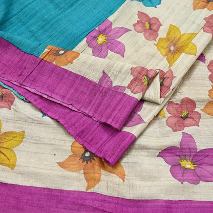 Indian Vintage Saree Beige Pure Khadi Silk Handloom Digital Printed Sari Fabric 5yard Ethnic Wear Sari Floral Dressmaking Crafting Upcycle