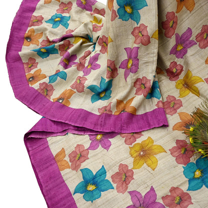 Indian Vintage Saree Beige Pure Khadi Silk Handloom Digital Printed Sari Fabric 5yard Ethnic Wear Sari Floral Dressmaking Crafting Upcycle