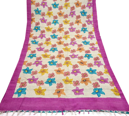 Indian Vintage Saree Beige Pure Khadi Silk Handloom Digital Printed Sari Fabric 5yard Ethnic Wear Sari Floral Dressmaking Crafting Upcycle