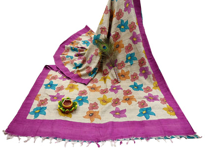 Indian Vintage Saree Beige Pure Khadi Silk Handloom Digital Printed Sari Fabric 5yard Ethnic Wear Sari Floral Dressmaking Crafting Upcycle