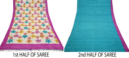 Indian Vintage Saree Beige Pure Khadi Silk Handloom Digital Printed Sari Fabric 5yard Ethnic Wear Sari Floral Dressmaking Crafting Upcycle