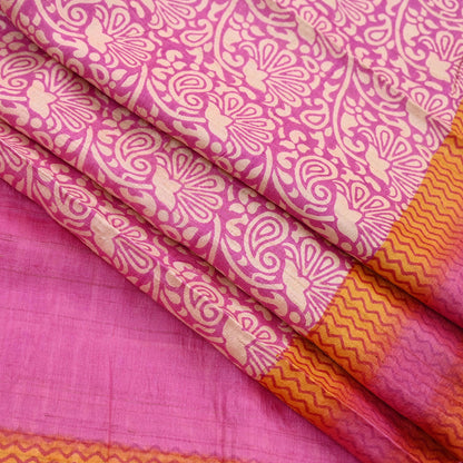 Indian Vintage Pink, Beige & Orange Saree Pure Khadi Silk Handloom Kalamkari Sari Craft Fabric 5yd Ethnic Wear Sari Floral