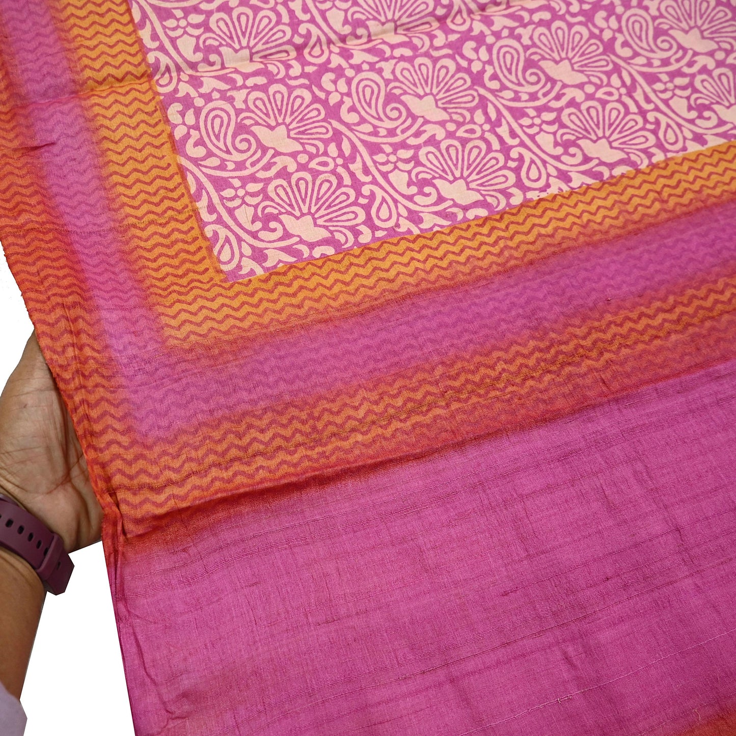 Indian Vintage Pink, Beige & Orange Saree Pure Khadi Silk Handloom Kalamkari Sari Craft Fabric 5yd Ethnic Wear Sari Floral