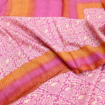 Indian Vintage Pink, Beige & Orange Saree Pure Khadi Silk Handloom Kalamkari Sari Craft Fabric 5yd Ethnic Wear Sari Floral