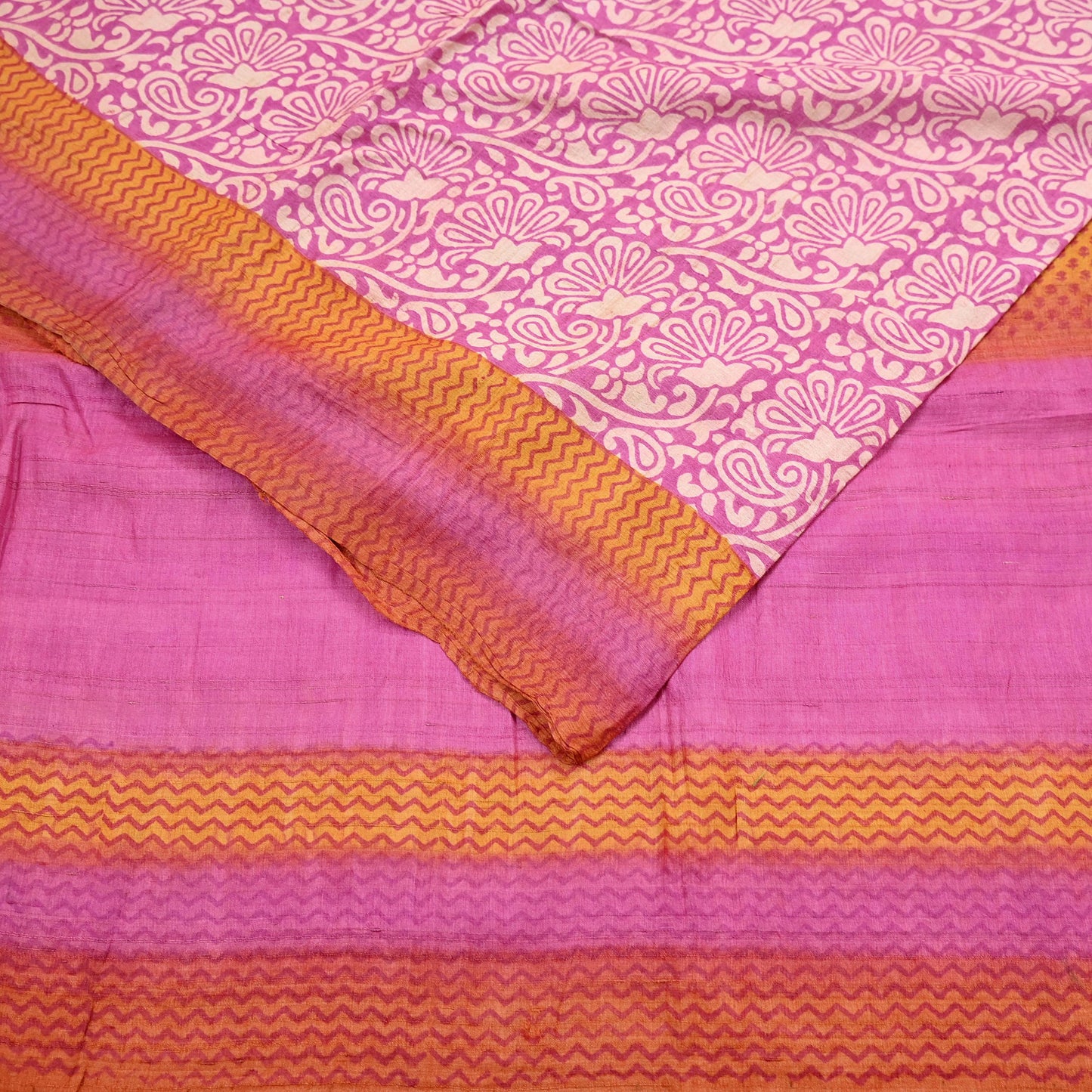 Indian Vintage Pink, Beige & Orange Saree Pure Khadi Silk Handloom Kalamkari Sari Craft Fabric 5yd Ethnic Wear Sari Floral