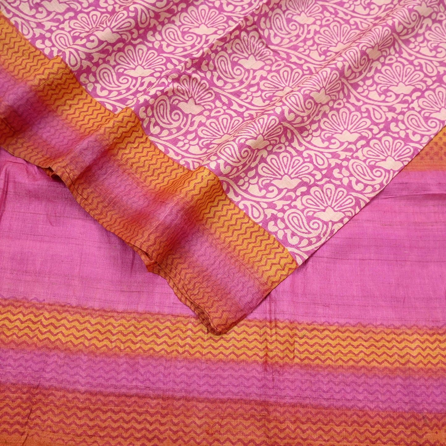 Indian Vintage Pink, Beige & Orange Saree Pure Khadi Silk Handloom Kalamkari Sari Craft Fabric 5yd Ethnic Wear Sari Floral