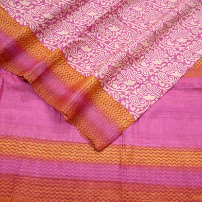 Indian Vintage Pink, Beige & Orange Saree Pure Khadi Silk Handloom Kalamkari Sari Craft Fabric 5yd Ethnic Wear Sari Floral