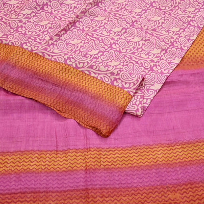 Indian Vintage Pink, Beige & Orange Saree Pure Khadi Silk Handloom Kalamkari Sari Craft Fabric 5yd Ethnic Wear Sari Floral
