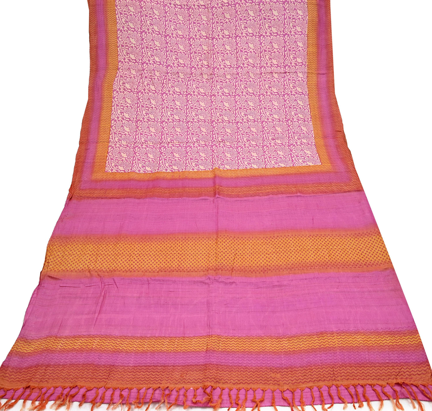 Indian Vintage Pink, Beige & Orange Saree Pure Khadi Silk Handloom Kalamkari Sari Craft Fabric 5yd Ethnic Wear Sari Floral