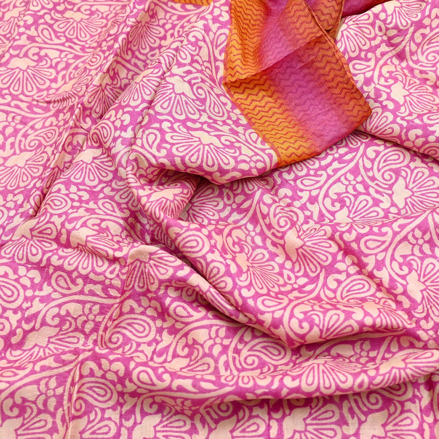 Indian Vintage Pink, Beige & Orange Saree Pure Khadi Silk Handloom Kalamkari Sari Craft Fabric 5yd Ethnic Wear Sari Floral