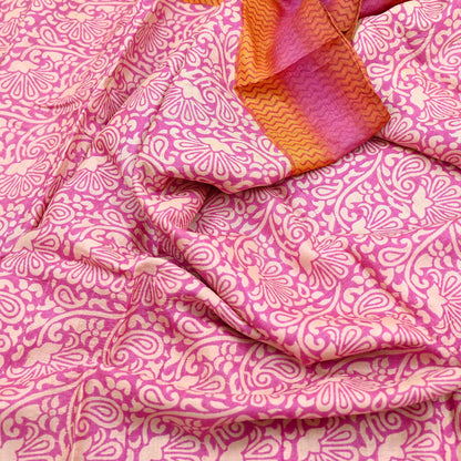 Indian Vintage Pink, Beige & Orange Saree Pure Khadi Silk Handloom Kalamkari Sari Craft Fabric 5yd Ethnic Wear Sari Floral
