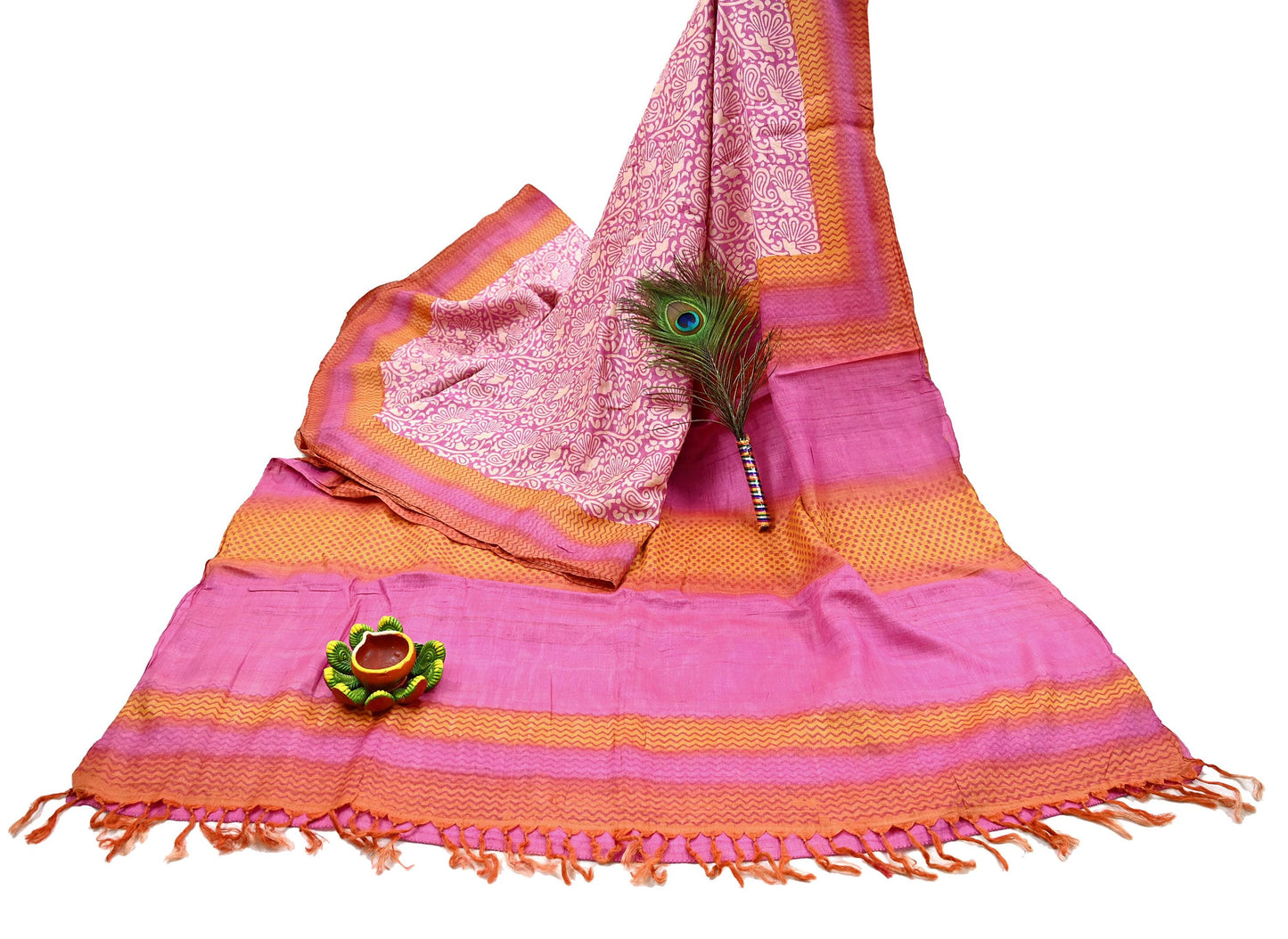 Indian Vintage Pink, Beige & Orange Saree Pure Khadi Silk Handloom Kalamkari Sari Craft Fabric 5yd Ethnic Wear Sari Floral