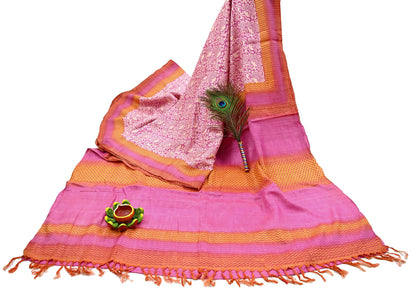 Indian Vintage Pink, Beige & Orange Saree Pure Khadi Silk Handloom Kalamkari Sari Craft Fabric 5yd Ethnic Wear Sari Floral