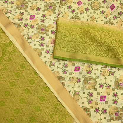 Vintage Heavy Sari Green & Ivory Hand Woven Printed Artificial Silk Sarees Zari 5Yd Floral Craft Fabric Dress making Crafting Quilting