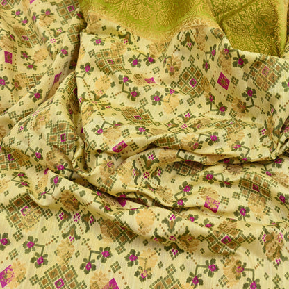 Vintage Heavy Sari Green & Ivory Hand Woven Printed Artificial Silk Sarees Zari 5Yd Floral Craft Fabric Dress making Crafting Quilting