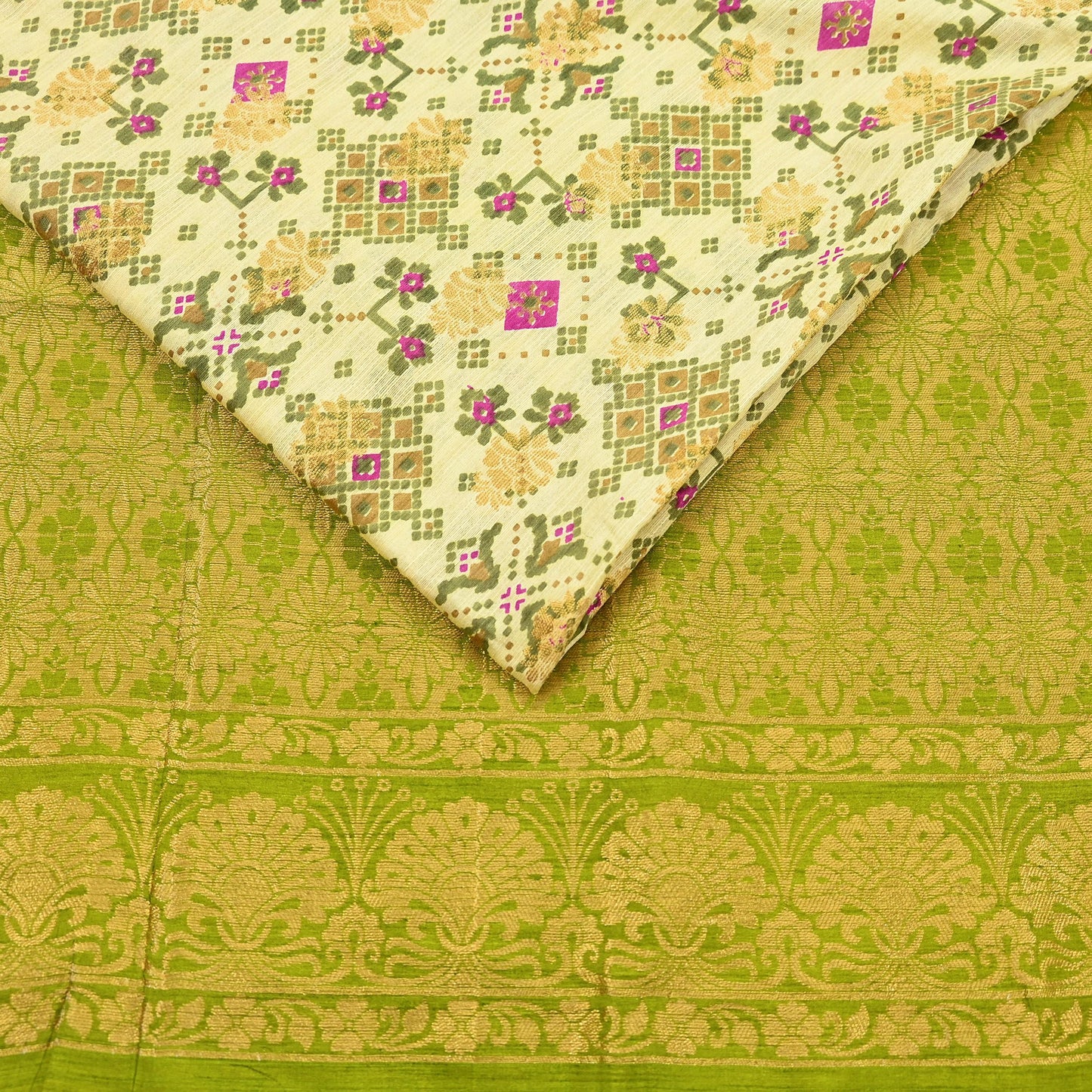 Vintage Heavy Sari Green & Ivory Hand Woven Printed Artificial Silk Sarees Zari 5Yd Floral Craft Fabric Dress making Crafting Quilting