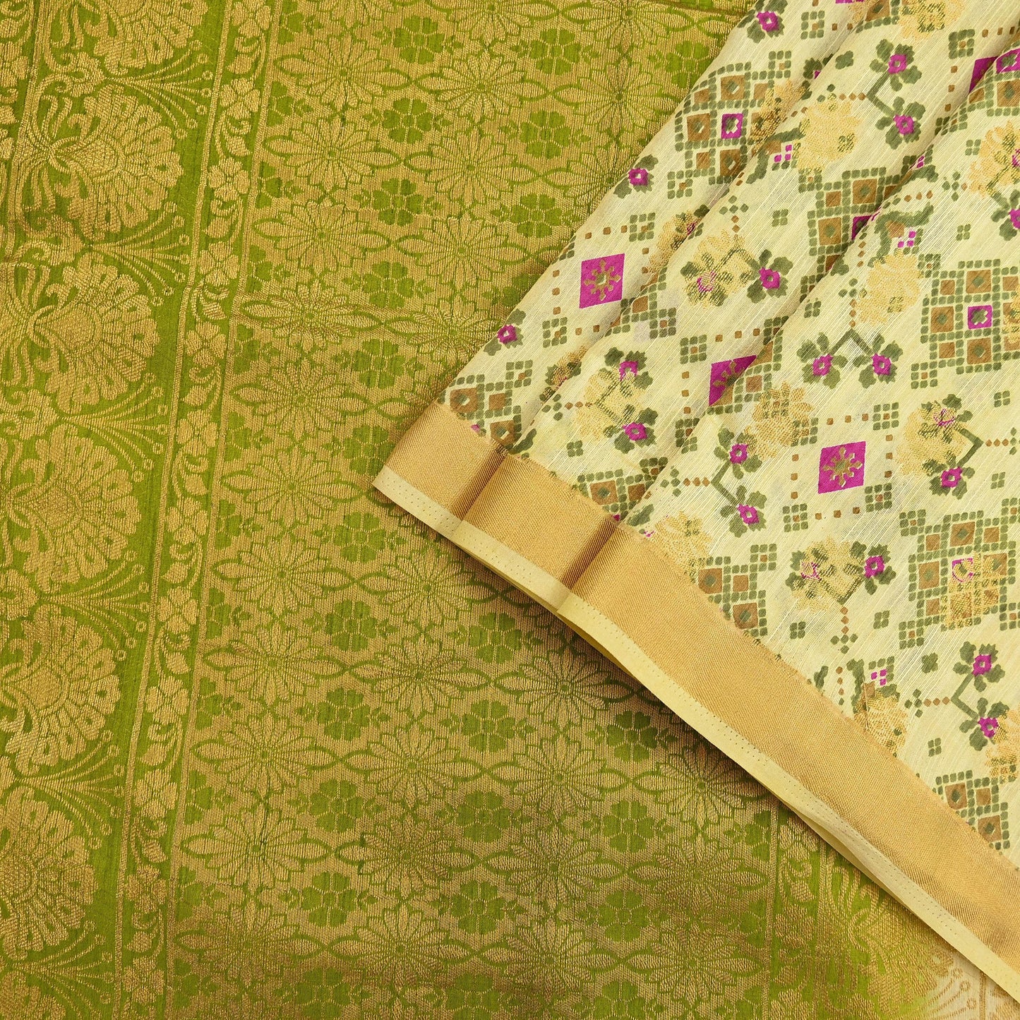Vintage Heavy Sari Green & Ivory Hand Woven Printed Artificial Silk Sarees Zari 5Yd Floral Craft Fabric Dress making Crafting Quilting