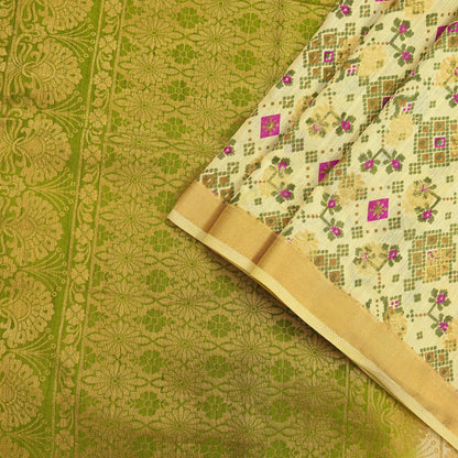 Vintage Heavy Sari Green & Ivory Hand Woven Printed Artificial Silk Sarees Zari 5Yd Floral Craft Fabric Dress making Crafting Quilting